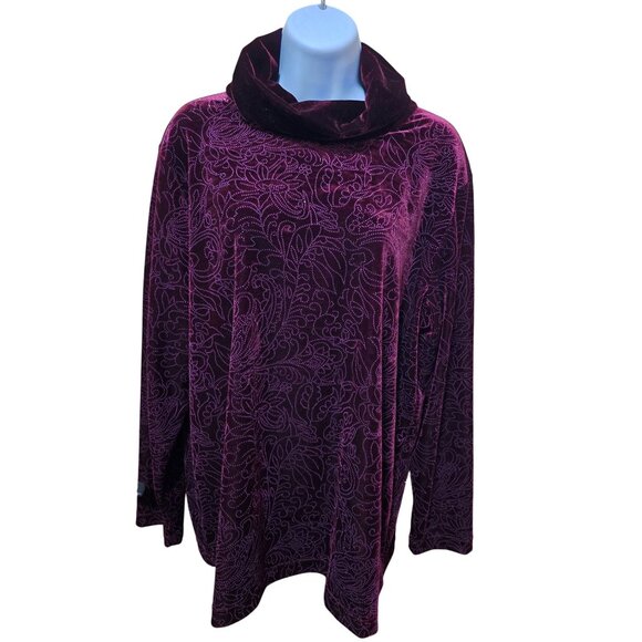 Vintage Burgundy Floral Velvet 2 pc set Turtleneck Lg Sleeve Top Matching Pants - Picture 2 of 12